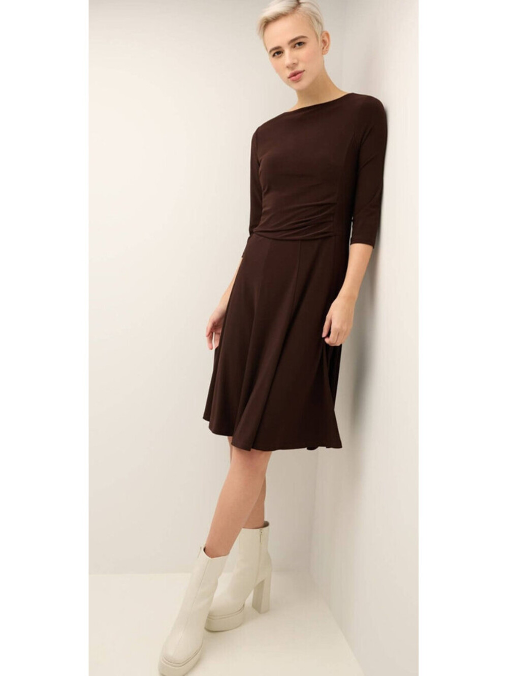 Rekucci Size 12 Espresso Knit Fit Flare Dress Round Neck 3/4 Sleeve Party NWT